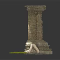 Modern Setting Showcasing Ancient Ruined Brick Pillar With Stone Base Wooden Logs And Grass